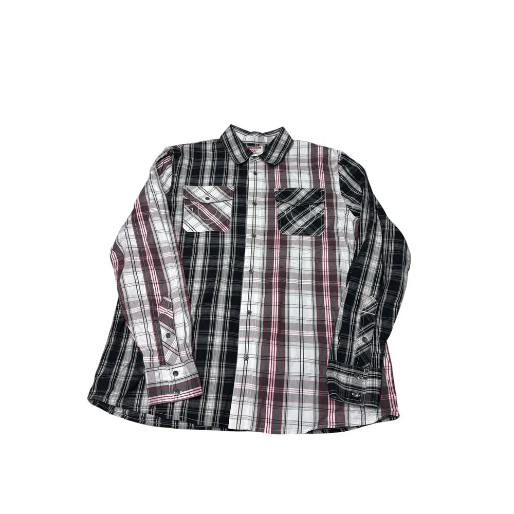 True Religion Mens XL Snap Colorblock Plaid Button Down Shirt White Red Cotton